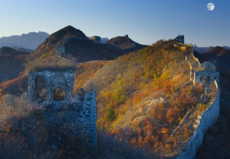 abandoned part of great wall under moon - hills, wall, moon, abandoned