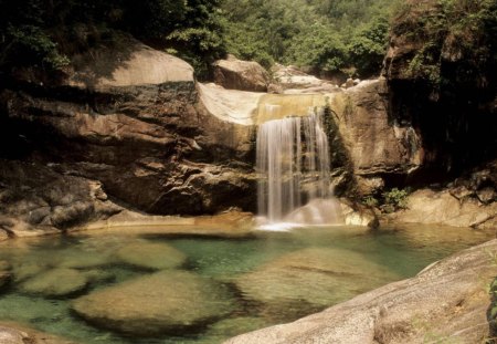 green jade river china - falls, forest, river, mountains, pool, rocks