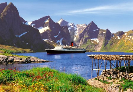 Mountain travel - summer, blue, mountain, flowers, shore, riverbank, waters, lake, nice, sky, clouds, beautiful, snowy, ship, travel, lovely, peaks, pier, river, nature, trip