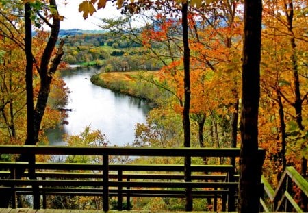 Autumn view - stairs, nice, autumn, riverbank, stream, colorful, bench, foliage, fall, view, pretty, reflection, river, high, branches, lake, falling, lovely, nature, beautiful, steps