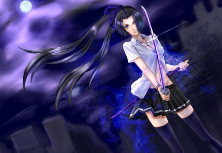 Anime girl - moon, anime, night, mist