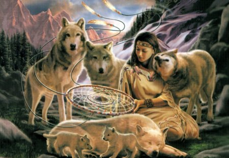 Kathy ( spiritlake57)  and hear friends - native american, woman, wolves, sky, feathers, moutains, animals, friends