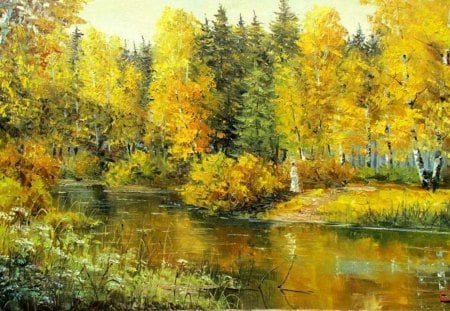 D.Kozlov. Autumn in the Old Park - painting, nature, autumn, art, d kozlov, river, tree