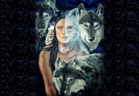 Together - women, wolves, wolf, sky, native, animals