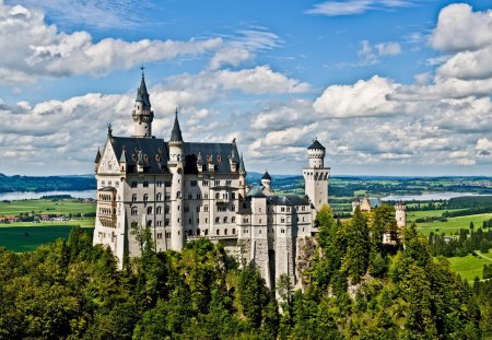 Neuschwanstein Castle - sky, forests, trees, colorful, nature, neuschwanstein castle, bavaria, clouds, castle, blue, beautiful, architecture, green, medieval, germany, palace