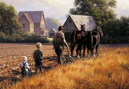 NO JOHN DEER ! - farm, field, painting, horse, children, artwork, man, family, country life