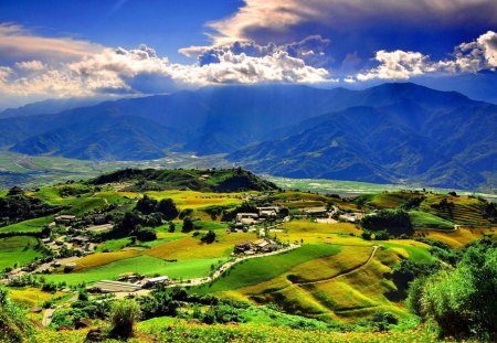 incredible green landscape - clouds, sunrays, fields, green, mountains, farms