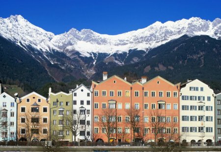 innsbruck austria by the inn river - town, mountains, snow, river