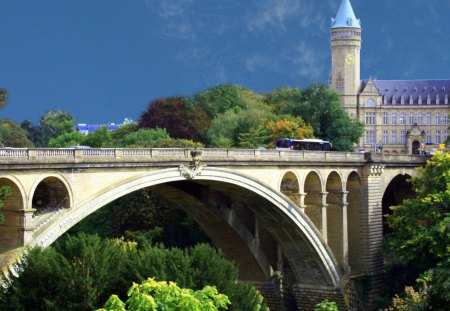 beautiful arched bridge in luxembourg - arch, bridge, trees, church