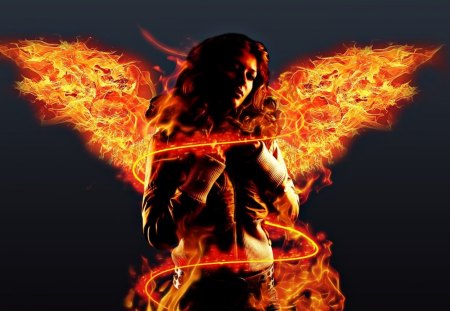 Wings Of Fire - beautiful, fire, babe, wings, flames, pair of wings, fantasy, fireangel, two, two wings, woman, yellow, warmth, caring, orange, passion, angel