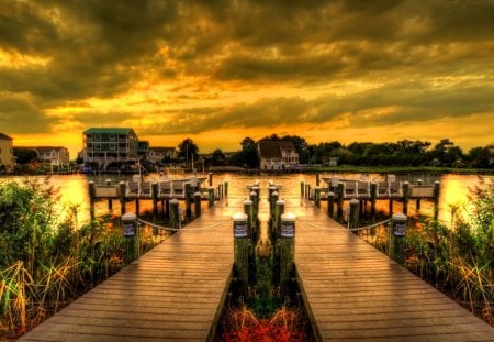 Sunset lake - sunshine, sundown, dock, sun, sunset, fire, amazing, reflection, evening, orange, golden, morning, rays, lake, boats, light, summer, nature, glow, pier, fiery, sunrise