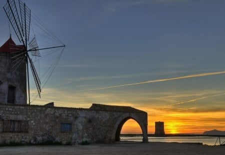 windmill in paceco sicily italy - beach, harbor, windmill, sunset