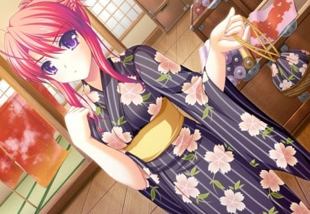 Rio Orikura - fake azure arcology, anime girl, black, pink, rio orikura, anime, kimono, flowers, japanese clothes