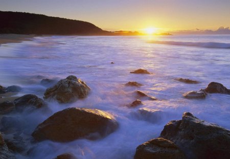 sunrise at mimosa rocks np australia - rocks, sunrise, foam, shore