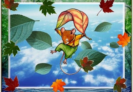 LEAVING! - leafy background, mouse, autumn leaves, parachuting