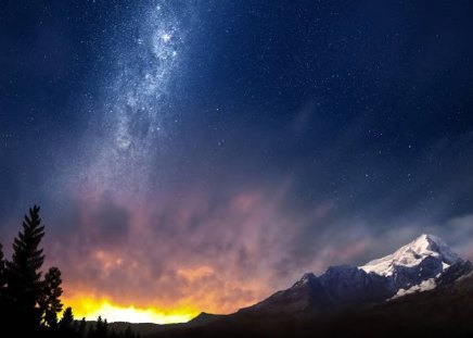 Scenic Sky And Mountain - tree, sunset, mountain, stars