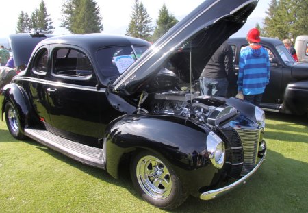 1940 Ford coupe - silver, headlights, photography, tires, ford, engine, black