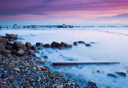 simply blue - foam, clouds, beach, stones, pier