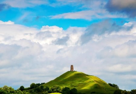 st. michaels tower somerset england - hill, clouds, grass, tower