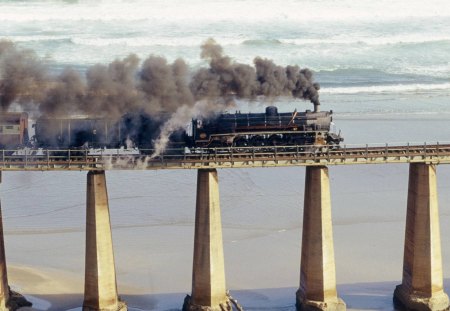 tjoe steam engine in south africa - train, beach, steam, bridge, waves