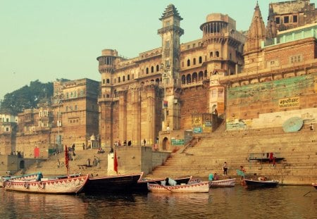 varanasi india - temple, river, city, boat