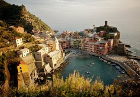 vernazza italy - harbor, coasr, town, cliff