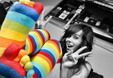 Colourful Socking Girl - socking, girl, peace, fingers, smile, brunette, colourful, happy