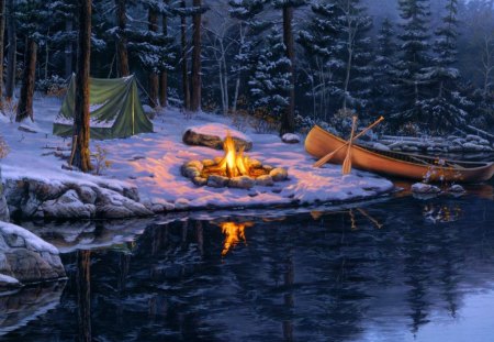 Winter picnic - lake, fishing, trees, picnic, winter, shore, darkness, fire, nature, dark, forest, reflection, snow, river, boat