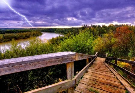 River view - stairs, nice, trees, water, summer, lovely, storm, nature, view, bank, pretty, sly, river, beautiful, lighting