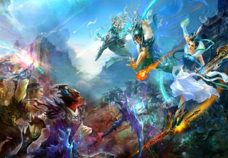 Combat - yellow, people, magic, warrior, blue, combat, war, light, pink, man, music, guitar, fight, princess, game, energy, girl, knight, fantasy, woman