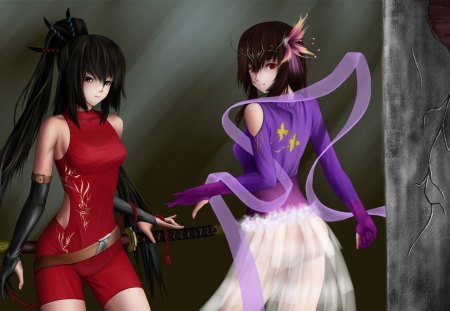 Two friends and a sword - woman, girl, warrior, white, purple, katana, red, anime, brunette, sword, girl friend, flower, manga