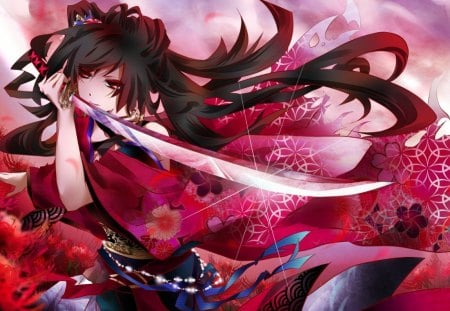 Exercise - sword, beauty, kimono, girl geisha, flower, pink, red, katana, fight, exercise, brunette, asian, japanese