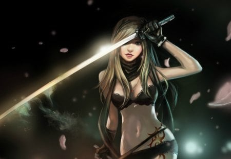 Beautiful fighter - woman, sexy, girl, warrior, light, fighter, night, red lips, black, fantasy, gloves, tattoo, anima, katana, manga