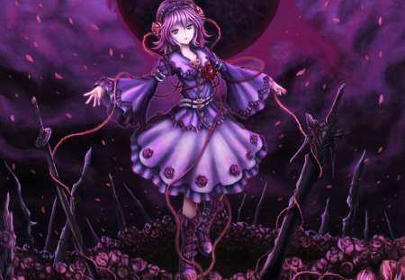 Eclipse - black moon, chain, girl, magic, night, eclipse, purple, katana, red, petals, anime, sword, flower, manga