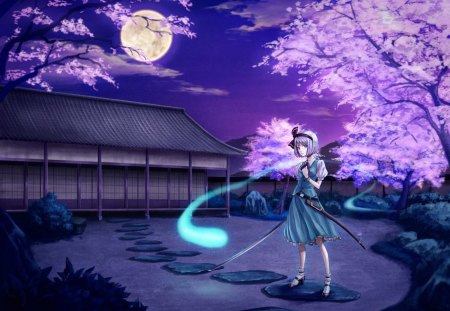 Myon - moon, girl, bloom, night, japanese, myon, asian, spring, purple, pink, blue, anime, house, tree, manga