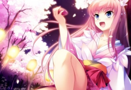 Sakura - sakura, girl, pink, beautiful, anime, night