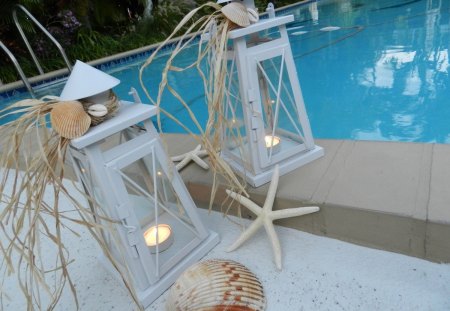 Lanterns by the pool♥ - blue, forever, beach, lanterns, wedding, seaside, love, light, crystal clear, pool, event