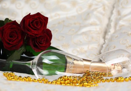 champagne - beads, roses, champagne, groceries