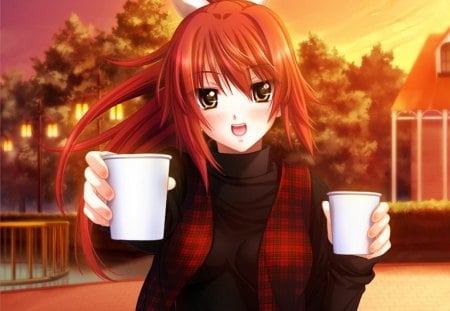 Here is some choco to warm you up. - girl, beautiful, anime, red hair, cup