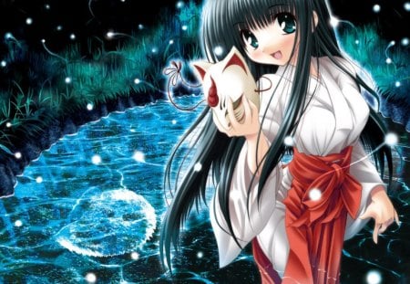 Shrine Maiden - lake, girl, mask, shrine maiden, night, anime