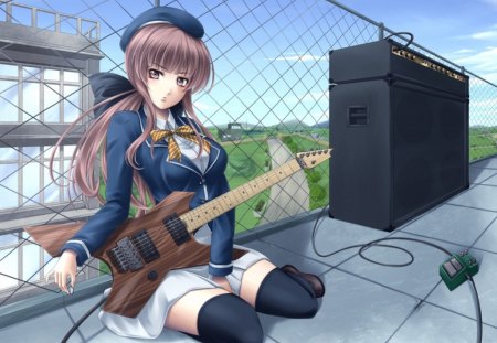 anime girl - guitar, anime, school, girl, sky