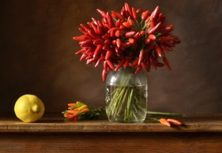 *** Still Life *** - red, jar, bouquet, hot, lemon, pepper