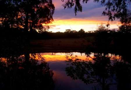 Dusk over the pond - storm, clouds, water, reflection, orange, sunset, dusk, lavender tones, sky