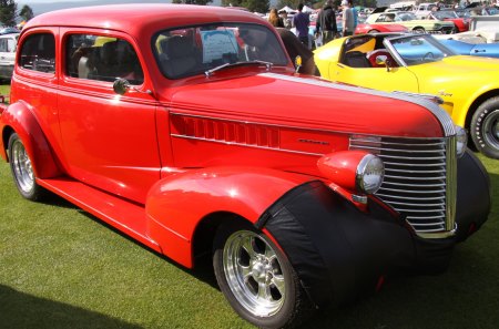 1938 Pontiac De Luxe - black, grills, tires, headlights, red, photography, Pontiac