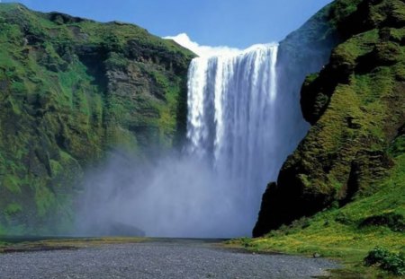 Waterfall With Overspray - cliffs, grass, water, nature