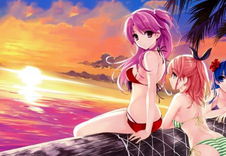 Cute anime girls - bath, girl, anime, sunset