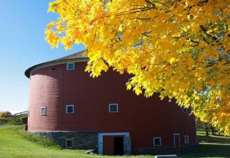 A Round, Red Barn in Autumn - round, autumn, red, architectecture, gold, barn