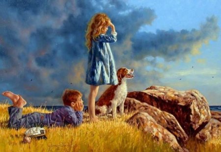 Painting - stone, painting, art, girl, boy, dog