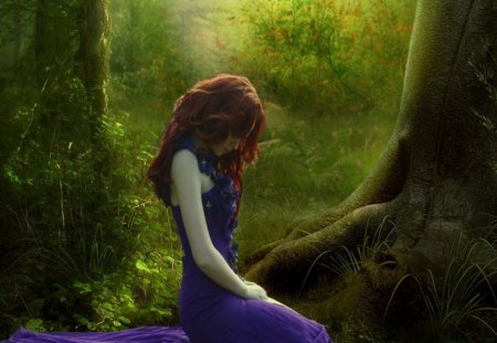 my world - women, trees, blue dress, hair, fantasy