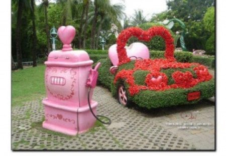 Fill Me Up With Love - pink gas pump, love, hearts, floral car, abstract, red, photo